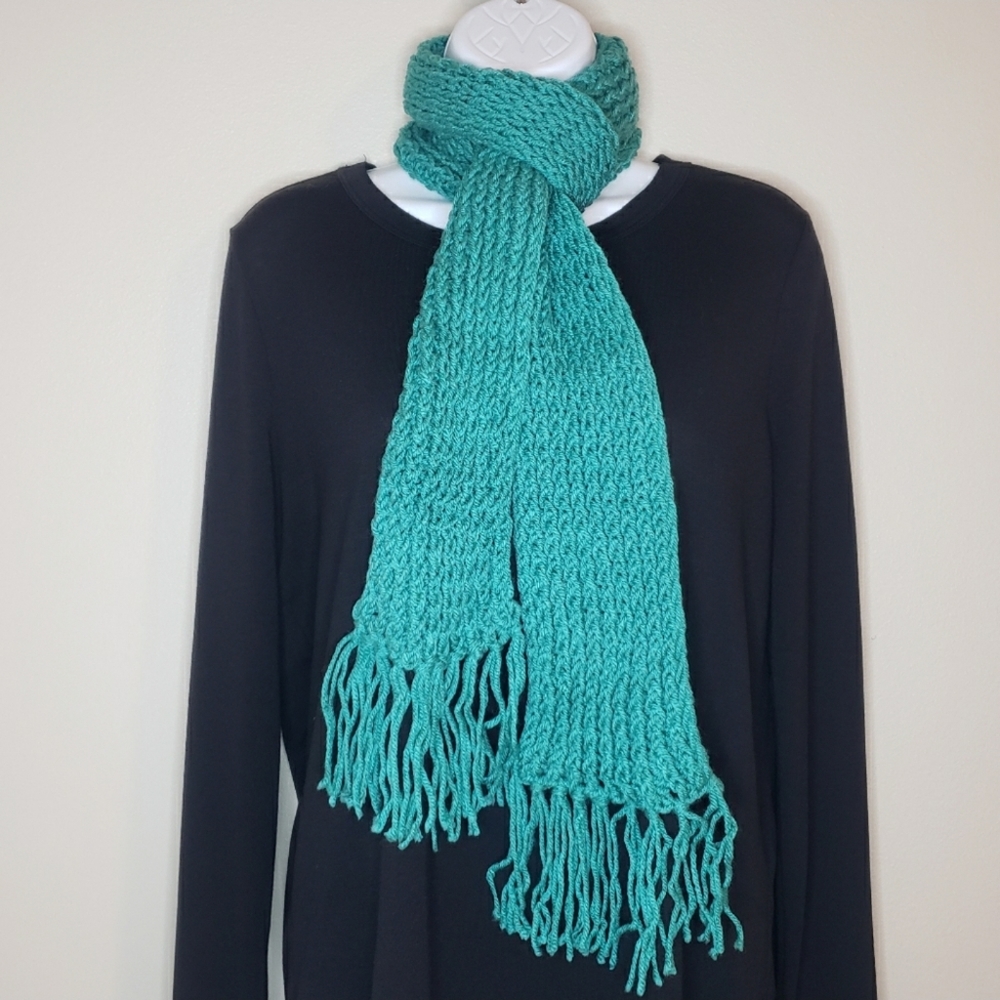 Teal Handcrafted Crochet Scarf with Fringe Edges